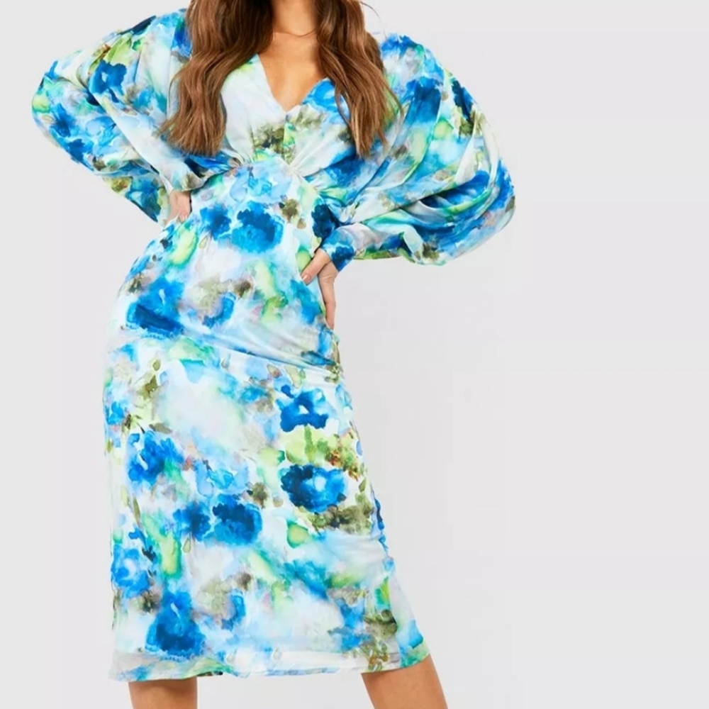 Floral Chiffon Blouson Sleeve Midi Dress Size 8